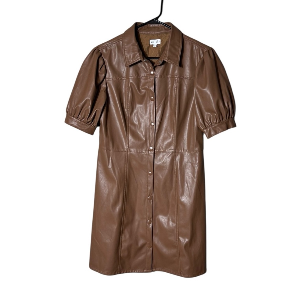 Faux Leather Brown Button-Front Shirt Dress